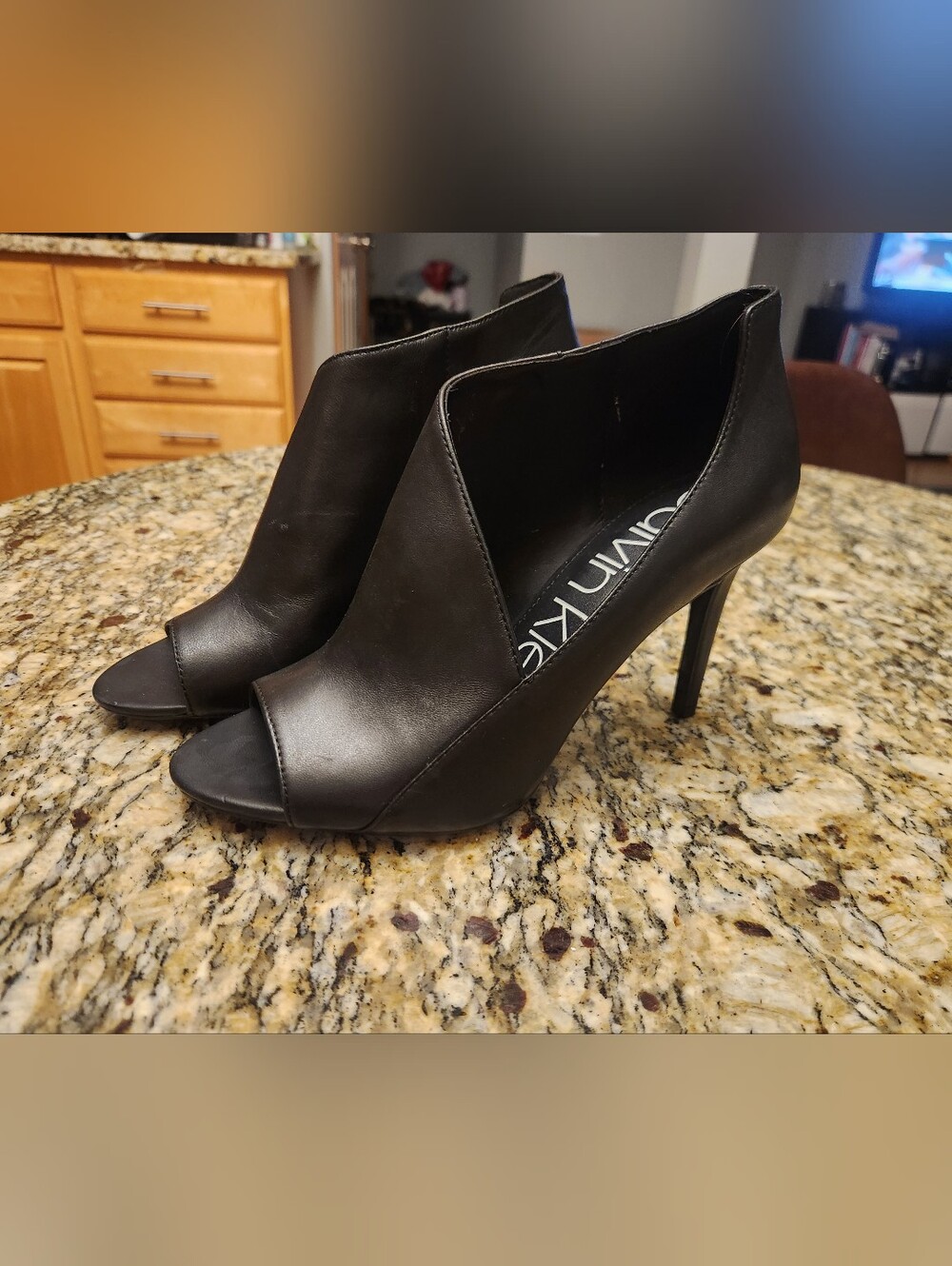 Calvin Klein Black Peep-Toe Leather Stiletto Booties with Cutout V, Size 7.5